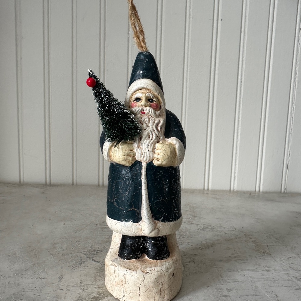 Vintage Old World RAZ SANTA Blue Crackled Ornament w/ Bottle Brush Tree 6” EUC